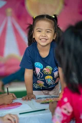 Kindergarten kid girl learnning drawing color paint workshop © themorningglory