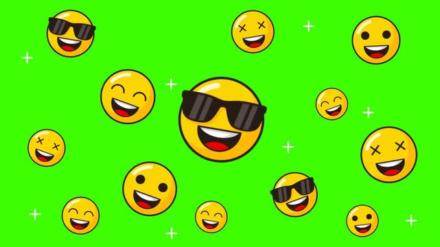 Animated background of laughing and cool emojis with sunglasses on a green screen