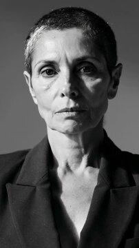 Vertical video: Rolling cam senior woman tilting head looking down with dark coat grey set light