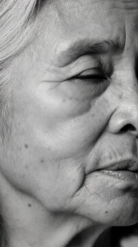 Vertical video: Recording senior Asian woman shifting gaze blinking parting lips thinking in studio