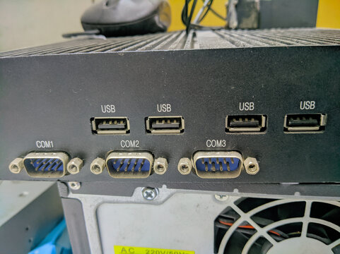 Rear I/O panel of an old desktop computer motherboard