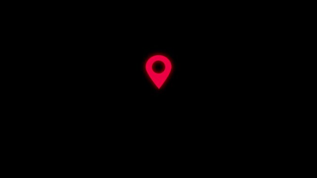 Modern red location marker animation on black background, GPS navigation pin icon, digital map pointer, travel destination indicator, routing concept, seamless 4K motion graphic