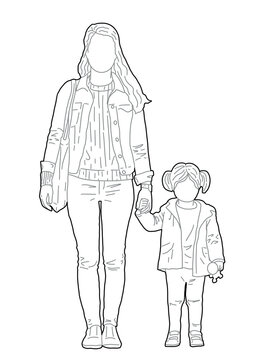 Mother and Child Walking, Isolated PNG on Transparent Background for Architectural Visualization - Minimalist line art illustration