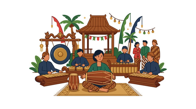 Community playing traditional Indonesian music in rural setting