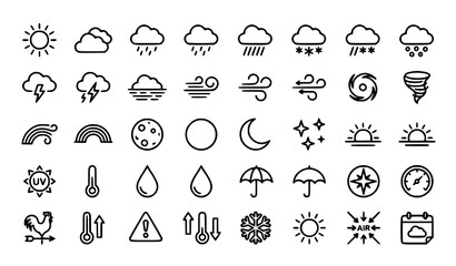 Fototapeta premium Weather Outline Icon Collection Featuring Sun Cloud Rain Snow Wind Storm Moon and Forecast Symbols