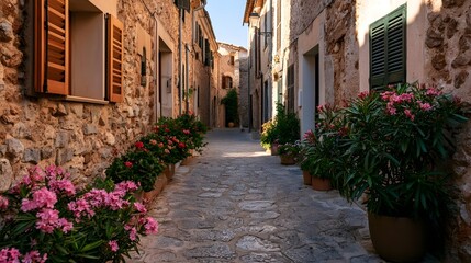 Obraz premium A charming and warm view of an old town passage featuring textured stone pavement wooden shutters and vibrant flower boxes