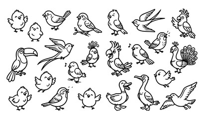 Cute Bird Outline Collection Featuring Flying Perched Singing Baby Birds and Woodland Wildlife Illustrations © Crafts Home