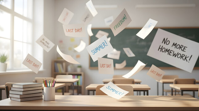 Classroom Papers Flying in the Air Last Day of School | No More Homework No More School Summer Celebration | Empty Desks and Chalkboard End of Term | Joyful Summer Vacation Announcement Concept