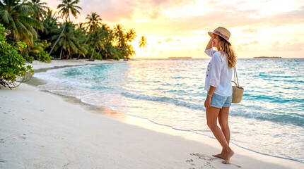 Obraz premium A woman walks alone on a tropical beach at sunset, wearing a hat.