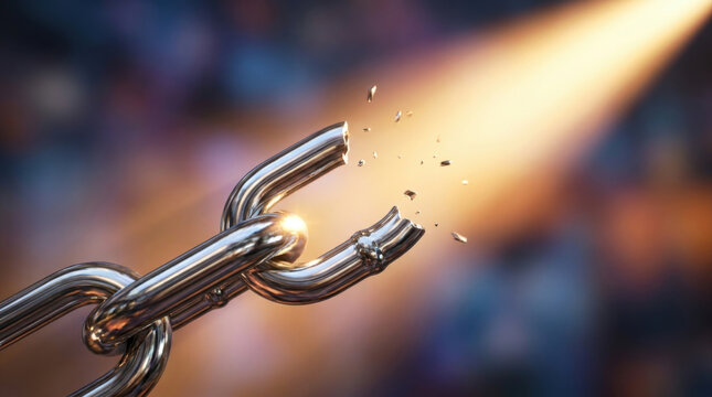 Broken chrome chain link strong freedom concept closeup broken metal chain shining link isolated background dramatic light metallic texture