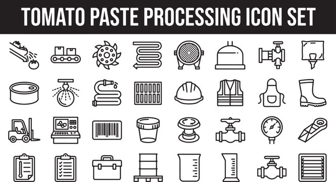 Tomato paste processing icon set featuring industrial manufacturing equipment and food production safety gear vector illustration