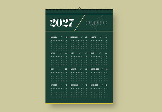 2027 Annual Wall Calendar Template With Minimal Green Layout