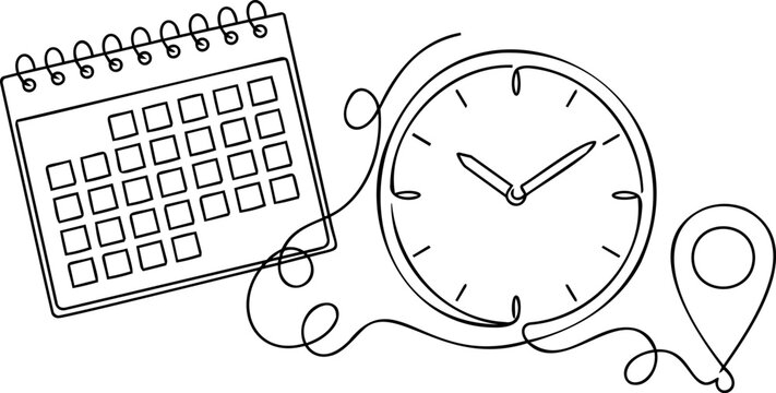 Continuous one line drawing calendar clock and location pin concept vector