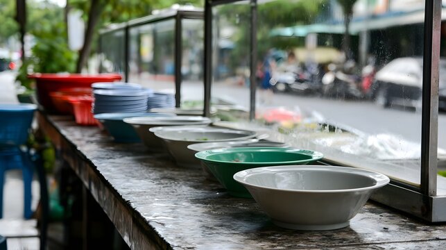A tidy outdoor noodle stall featuring neatly arranged bowls and clean serving dishes