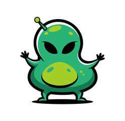 Fototapeta premium Cute Cartoon Green Alien Character Illustration with Antenna and Large Black Eyes on White Background