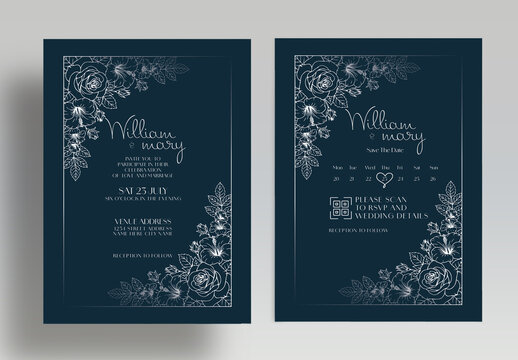 Elegant Floral Wedding Invitation Card Save The Date Template Set