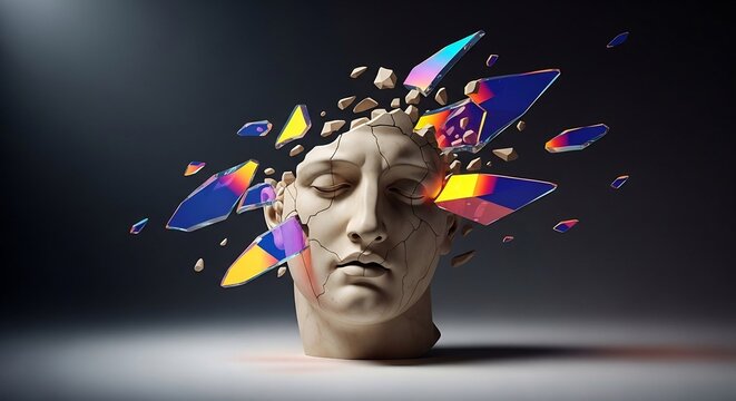 A surreal sculpture of a human head with colorful shards exploding from it