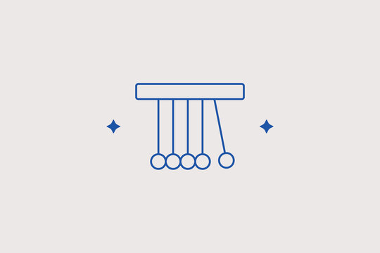 Five metal balls pendulum Newton cradle line icon for physics laboratory. Elegant vector illustration for stress relief app, kinetic energy demonstration, business workflow consulting.