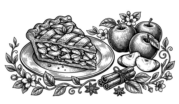 Vintage Apple Pie Engraving Illustration with Fresh Apples Cinnamon and Decorative Botanical Border Design