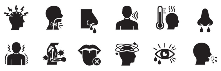 Medical cold and flu symptoms icon set. Disease illness health problem symbol. Coronavirus infection fever logo. Sick patient headache sign. Vector illustration. Vector Graphic. EPS 10
