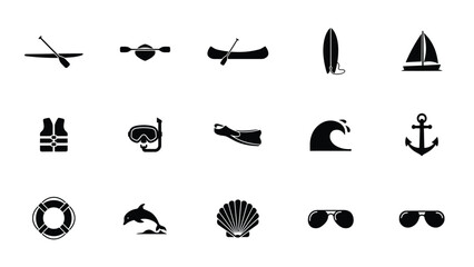 Minimalist black and white svg icons showcasing diverse nautical and beach adventure themes for branding © Sourabh