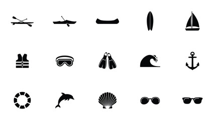 Minimalist black and white vector icons showcase diverse water sports and nautical adventure essentials for branding © Sourabh
