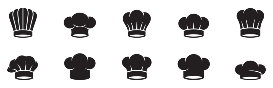 Chef hats silhouettes icons. Large set of chef hats silhouettes icons. Collection of professional cook toque and bakery headwear symbols. Vector Illustration