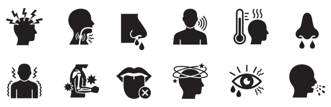 Medical cold and flu symptoms icon set. Disease illness health problem symbol. Coronavirus infection fever logo. Sick patient headache sign. Vector illustration. Vector Graphic. EPS 10