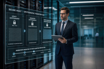 Fototapeta premium Modern banking cybersecurity concept with secure digital vault post-quantum cryptography migration plan professional financial analyst reviewing transition in corporate server room
