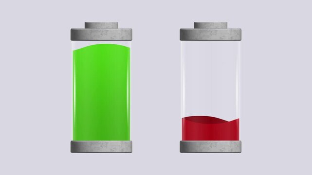 Two battery icons changing level with waving liquid, one charging up to full green and the other draining down to red