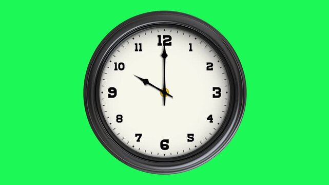 Classic round wall clock with spinning hands passing hours rapidly isolated on a green screen chroma key background