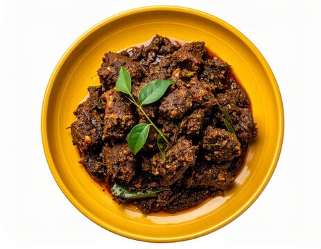 Spicy Mutton Pepper Fry On Mustard Yellow Plate Isolated On White Background