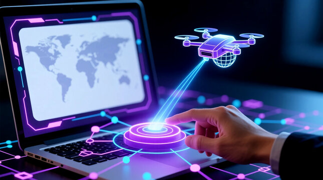 Close-up of hand interacting with glowing node on global network matrix depicting the workforce automation future through advanced technology and worldwide digital connectivity