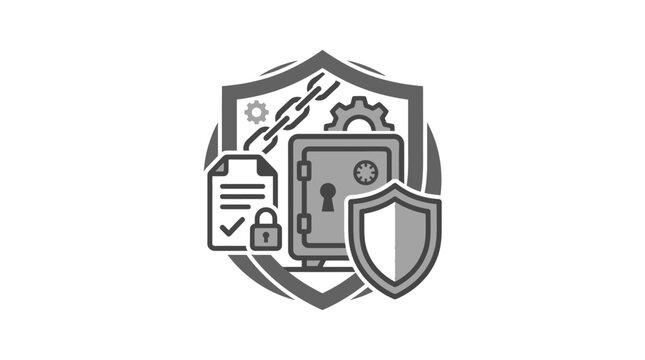 Complex security emblem with vault and document icon.