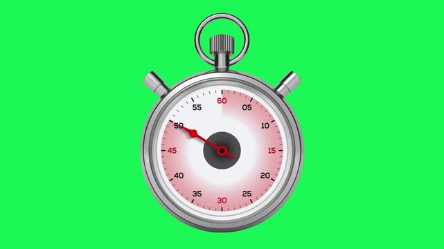 Classic silver mechanical stopwatch countdown animation showing passing seconds with red sector isolated on green screen