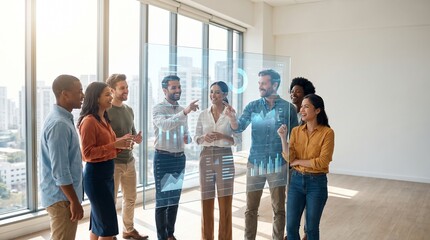 Obraz premium Diverse business team analyzing data on a futuristic transparent digital display screen