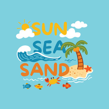 Sun Sea Sand Beach Scene Cartoon Illustration