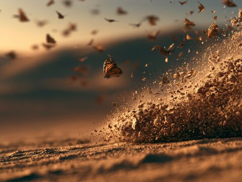 Desert sand transforming into flying butterflies, warm sunset lighting, cinematic surreal nature transformation, hyperreal artistic composition. 