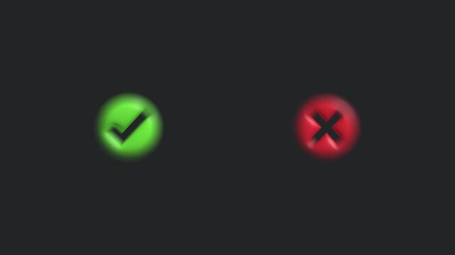 Glossy green check mark button bouncing and appearing next to a red cross wrong mark button on a dark background