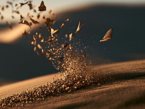 Desert sand transforming into flying butterflies, warm sunset lighting, cinematic surreal nature transformation, hyperreal artistic composition. 