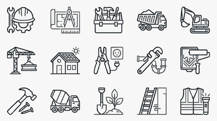 Fototapeta premium Creative Black and White Line Drawing Icons Set Featuring Construction Tools and Safety Equipment