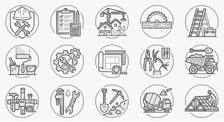 Industrial Construction and Maintenance Icons Set Black and White Line Art Illustrations Featuring Tools Equipment and Work Scenes © Hadi