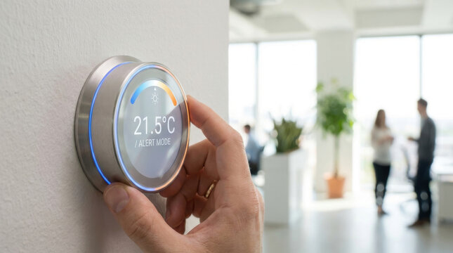 Smart thermostat in office with hand adjusting temperature and blurred business people in bright modern interior