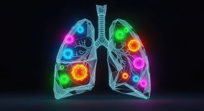 Glowing low polygonal human lungs depicted with neon bacterial nodes representing a futuristic medical concept of respiratory infection, respiratory, 3d, lungs