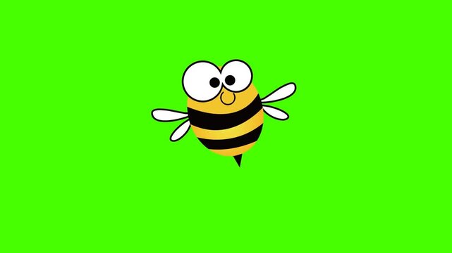 A charming and humorous animated cartoon bee. The bee is plump, yellow and black striped, with disproportionately large, comical googly eyes and small white wings. It is hovering in place against a so