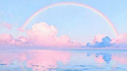 Naklejka premium Rainbow over calm water with clouds