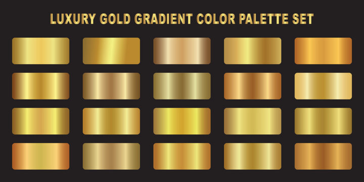 Metallic gold gradient swatch in smooth plate texture. Glossy gold surface and warm reflection define a premium gradient.Vector set of gold gradient palette for digital design and decoration element. 