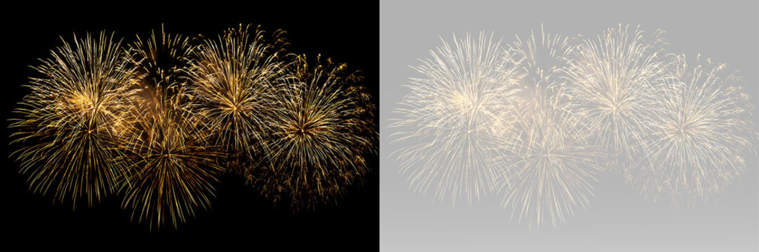 Realistic golden fireworks explosion with sparkling trails, festive celebration lights and glowing pyrotechnic display