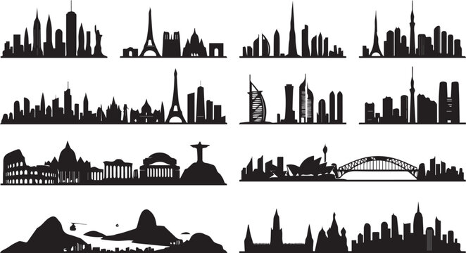 Set of black silhouette icons featuring world famous city skylines and iconic international travel landmarks