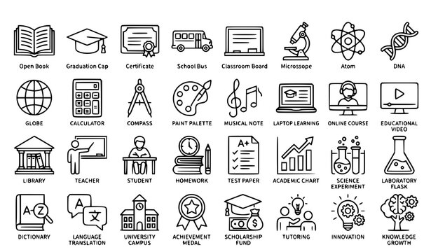Big Education UI Icon Set with Learning Science School University and Academic Subject Symbols